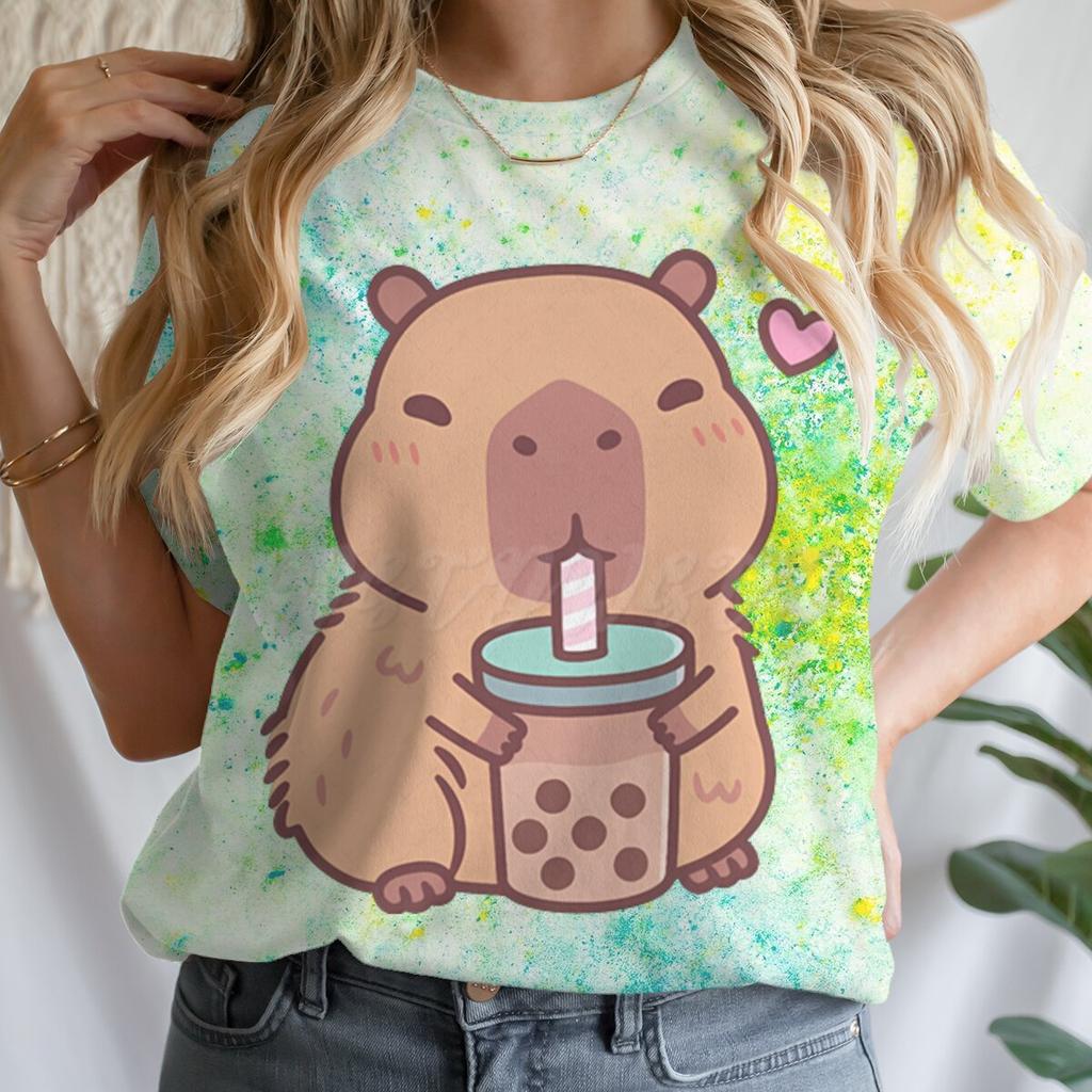 Women's Clothing Tie Dye Animal Graphic Lover Gift Shirt Tee Capybara Kawaii Cartoon T-shirts Crew Neck Casual Summer Drink Tops