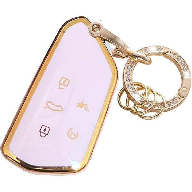 For VW Volkswagen Key Fob Cover Key Fob Shell With KeyChain Fit For VW ID4 ID3 MK8 Golf GTI Skoda Octavia Smart Key (Gold-White)