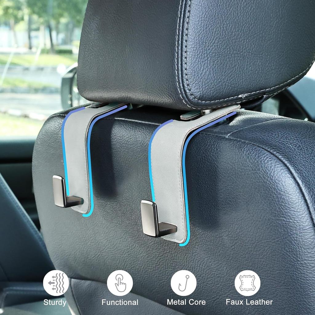 Car Seat Back Hook Metal With Suede Universal Vehicle Headrest Hangers Interior Storage Organizer For Purse Handbag Coat Grocery Bags 2 Pack Light