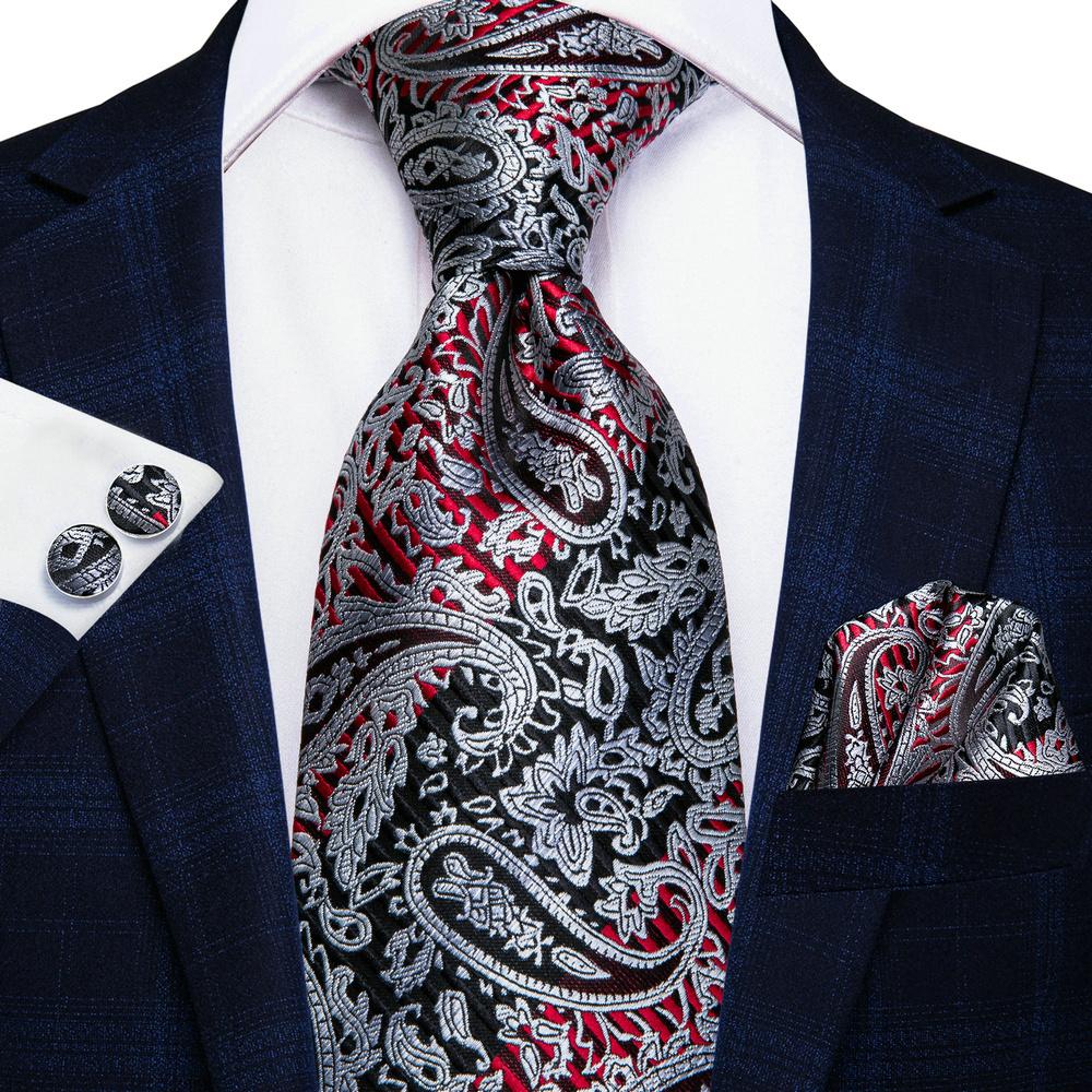 Hi-Tie Mens Silk Tie Paisley Necktie Handkerchief Cufflinks Set for Party Wedding Business