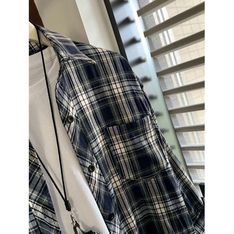 Man Jiang Yue Navy Blue Plaid Women's Long Sleeve Shirt - Hong Kong Style Chic & Lightweight