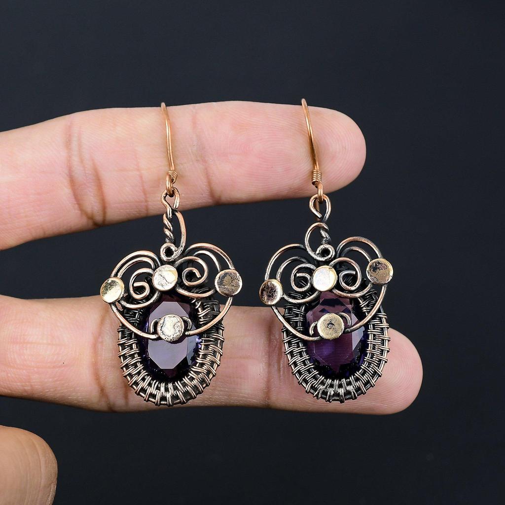 Beautiful Iolite Gemstone Handmade Pure Copper Wire Wrapped Earring Jewelry