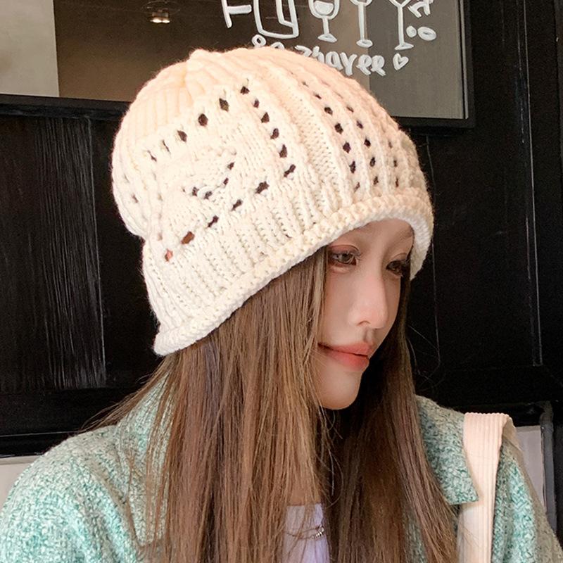 ins knitted hollow stack hat women's autumn and winter new versatile sweet cold hat elegant temperament bag head hat