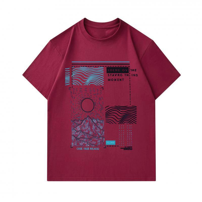 Men's 100% Cotton Crew Neck Short Sleeve T-Shirt, Abstract Geometric Mountain Wave Sun Print Casual Comfortable Daily Wear Breathable Graphic Tee for