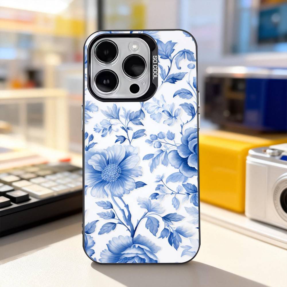 Сине-белый фарфоровый арт чехол для телефона iPhone 11, 12, 13, 14, 15, 16, 17, Pro, Max, Plus, E, Air, Mini IMD Матовый Черный