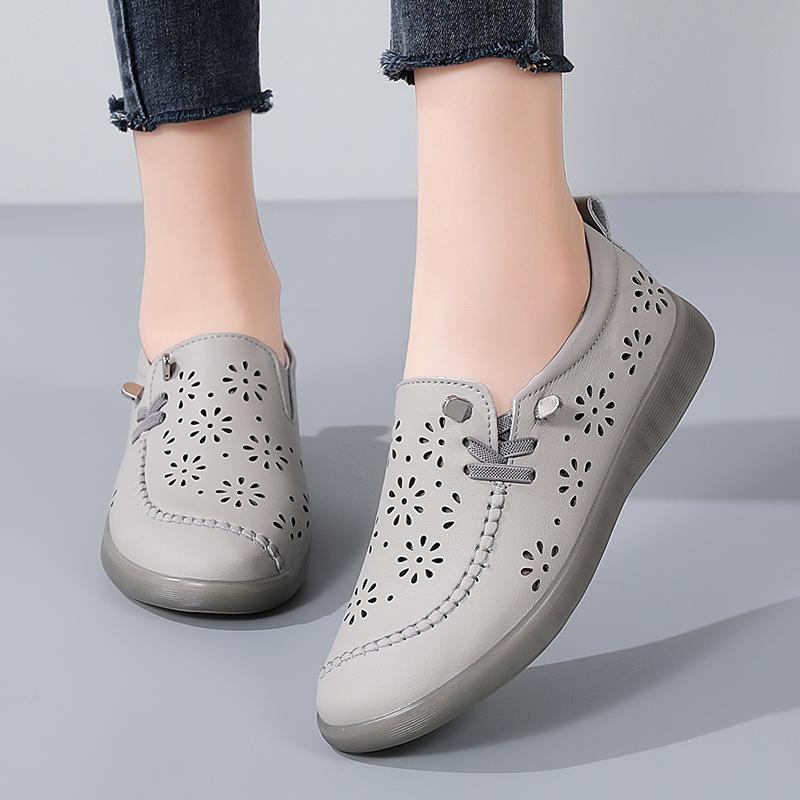 35-41 Women's Large Breathable Fashion Flat Leather Shoes with Hollow Out Shoes White Shoes Lefu Shoes