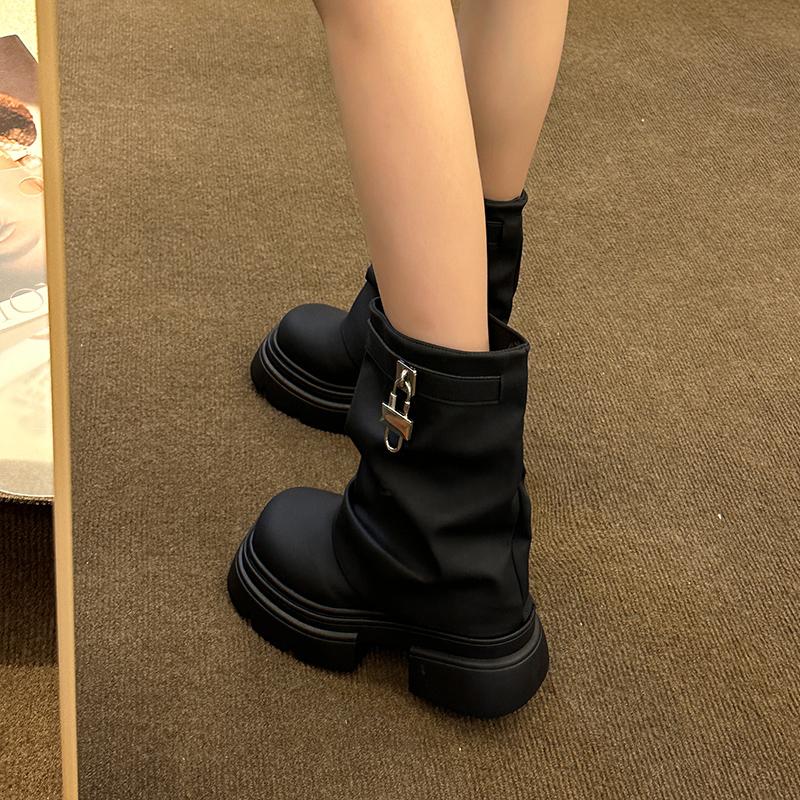 Весенняя и осенняя женская обувь 2024 года, новые однотонные туфли до середины голени с круглым носком, женские модные ботинки на высоком каблуке и рукавами