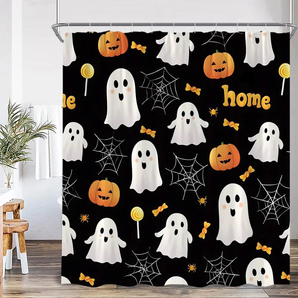 Cute Ghost Cartoon Pattern Shower Curtain Pumpkin Lantern Spectre Orange Pink Bathroom Decor Kid Happy Halloween Bathtub Curtain