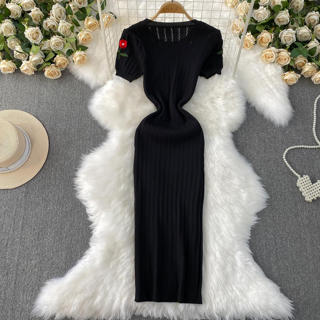 Летние женские винтажные пышные рукава с вышитыми розами для офиса, вязаные свитера, облегающие платья-футляры