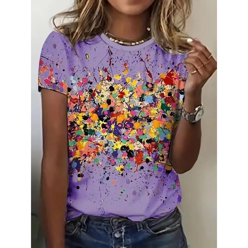 Летняя женская футболка с цветным абстрактным принтом и круглым вырезом, повседневная футболка с коротким рукавом, женская свободная одежда, модный уличный пуловер