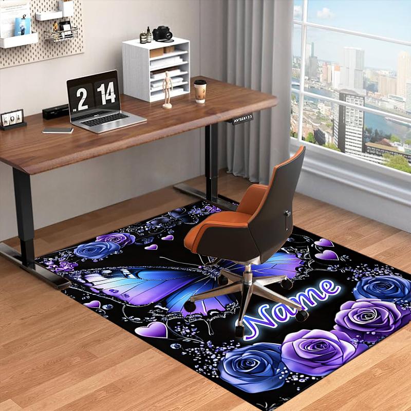 1PC Custom Name Purple Butterfly Roses Theme Floor Mat Ideal for Living Room, Game Rooms, Office, Bedroom,Floor Mat Playful Design