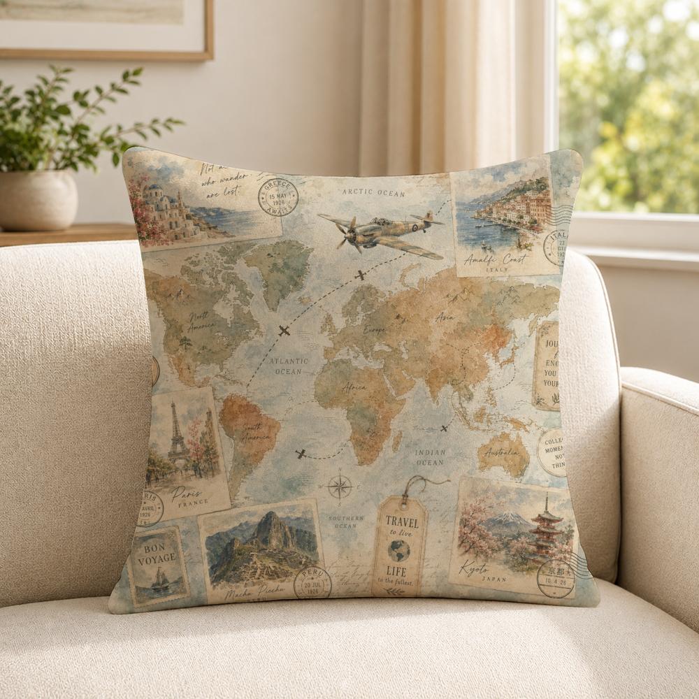 art vintage travel map collage Cushion Cover Soft Short Plush SkinFriendly Cushion Case for MultiScene Use