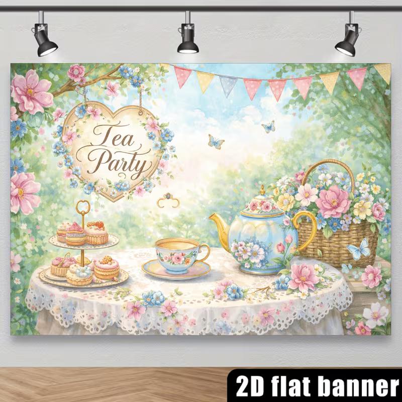 2D Vintage Tea Party Banner, Watercolor Garden Floral Tea Cup Photo Booth Background