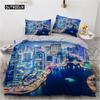 Urban Night View Duvet Cover Set Brightly Lit Night Scene Bedding Set for Teens Adults Queen Size Soft Microfiber Quilt Cover