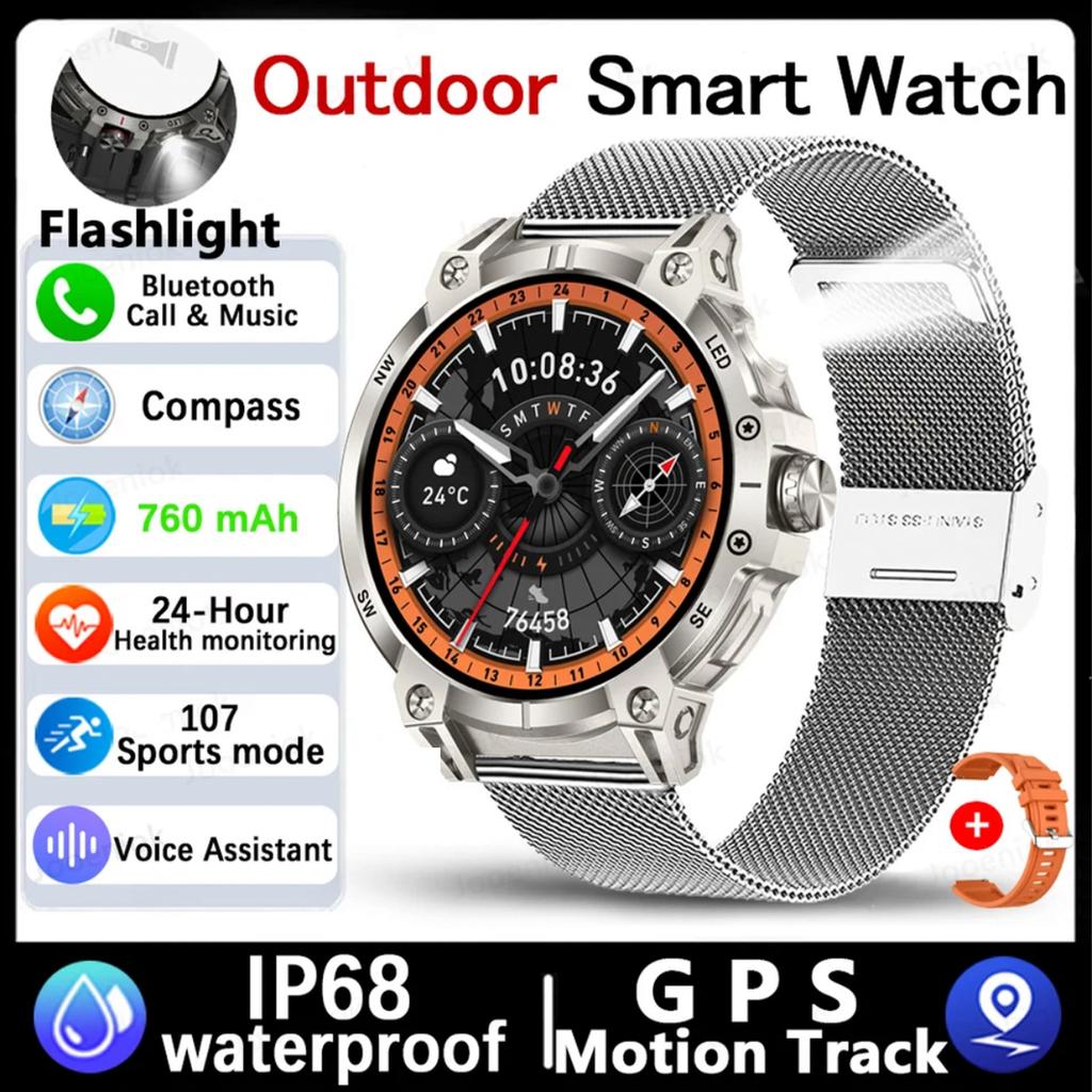 2025 New Outdoor Smart Watch Men 600mAh LED Flashlight SmartWatch Compass Bluetooth call Heart rate IP 68 Sports Smartwatch 5ATM
