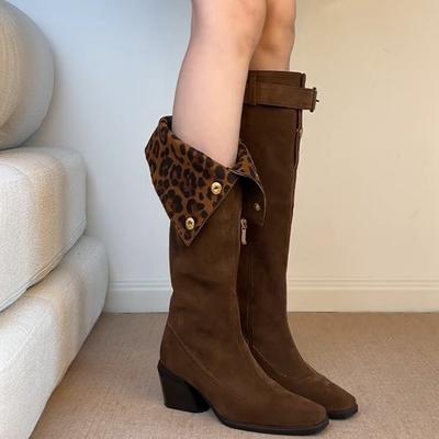 Ретро Складные Двухвариантные Сапоги с Высоким Голенищем, Пряжка на Ремне, Толстый Каблук, Ковбойские Сапоги в Западном Стиле, Женские Сапоги на Высоком Каблуке До Колена