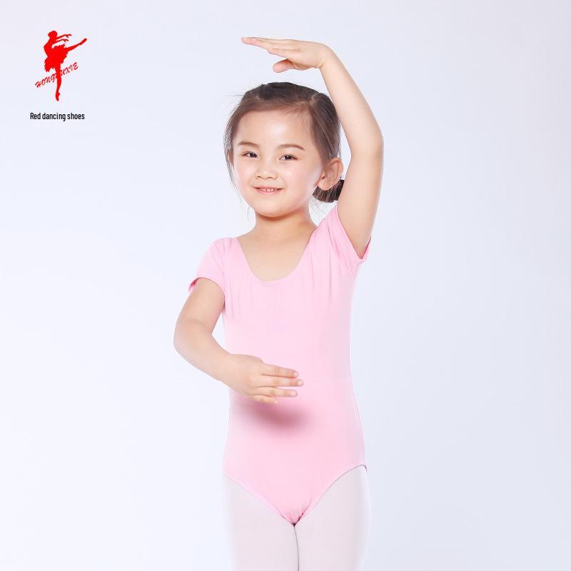 Red Children's Ballet Bodysuit - Short-Sleeve Cotton Leotard for Girls, Practice and Dancewear Style 5007