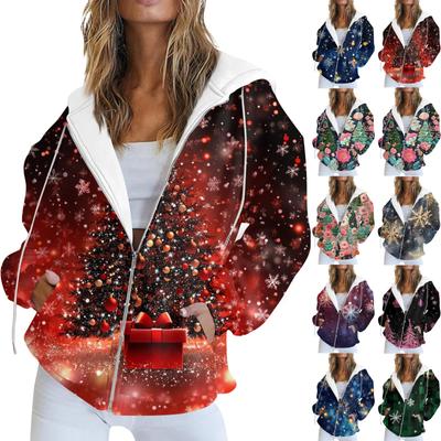 Женская повседневная рождественская печатная толстовка на осень и зиму с длинными рукавами и карманом на молнии с капюшоном