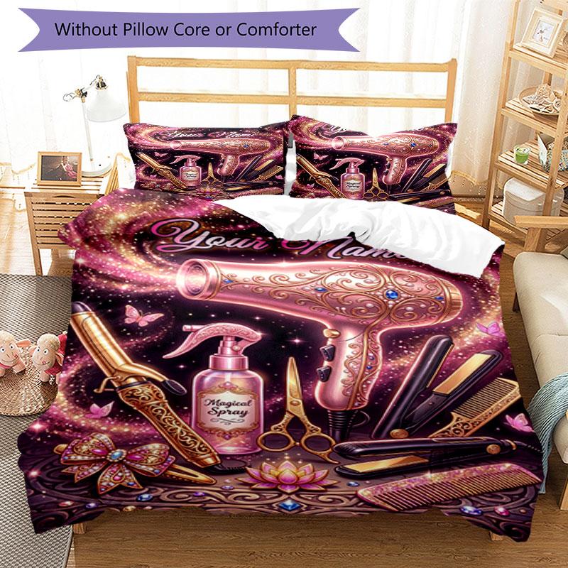 3PC Custom Name Glamorous Hair Tools Fantasy Bedding Set Duvet Cover Closure Includes 1 Duvet Cover & 2 Pillowcases for Bedroom