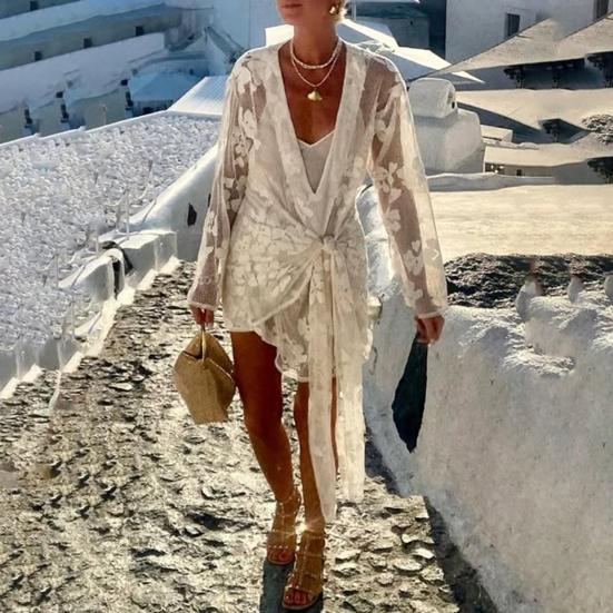 Женская накидка-бикини с V-образным вырезом, длинными рукавами, прозрачная, с вышивкой в виде цветочного узора, кружевной отделкой и шнуровкой.