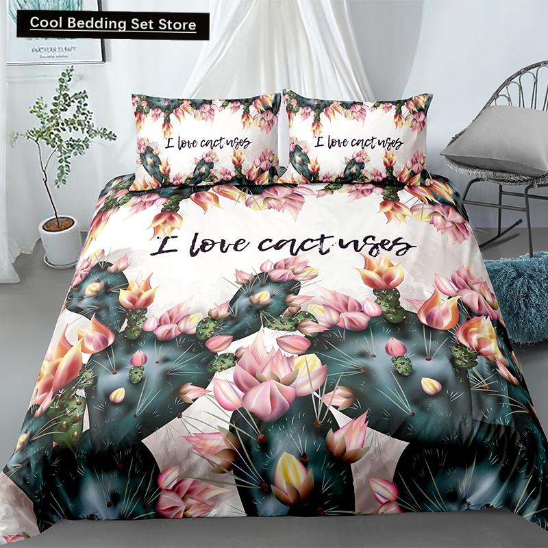 Пододеяльник Cactus King Queen Набор постельного белья с суккулентами для детей, подростков, взрослых Зеленый Ботанический с цветами 2/3 предмета Полиэстеровый пододеяльник
