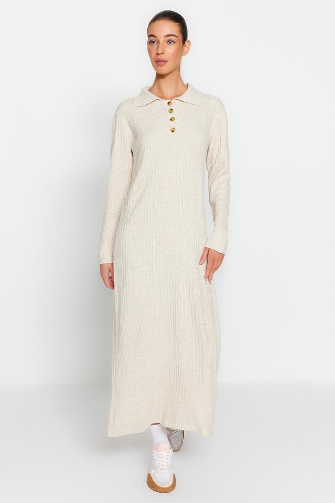 Женское модное новое платье-хиджаб верблюжьего цвета с воротником-поло, удобное трикотажное платье в рубчик