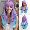 Purple Blue Ombre Cosplay Wigs for Women Long Wavy Synthetic Wig With Bangs Halloween Party Heat Resistant Fake Hair