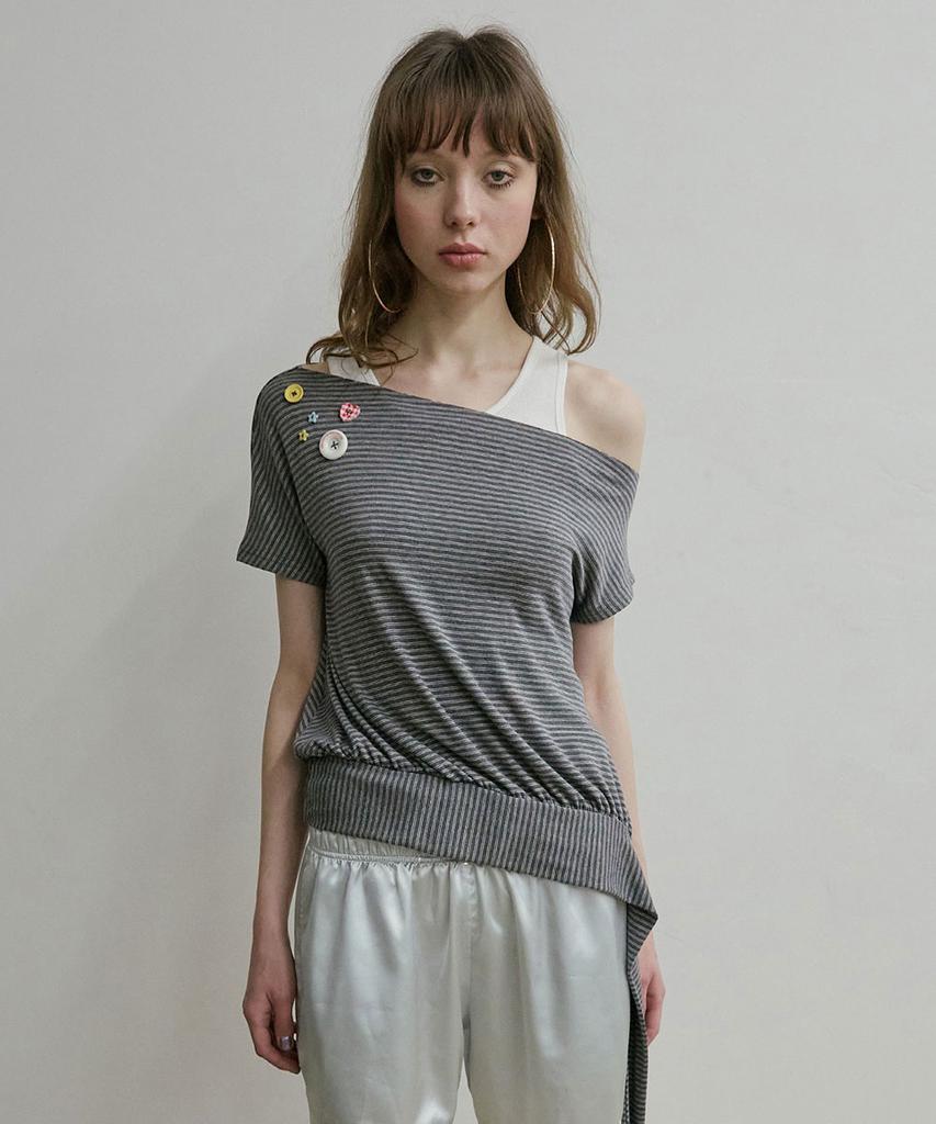 SCULPTOR Off-Shoulder Button Tee Melange Gray