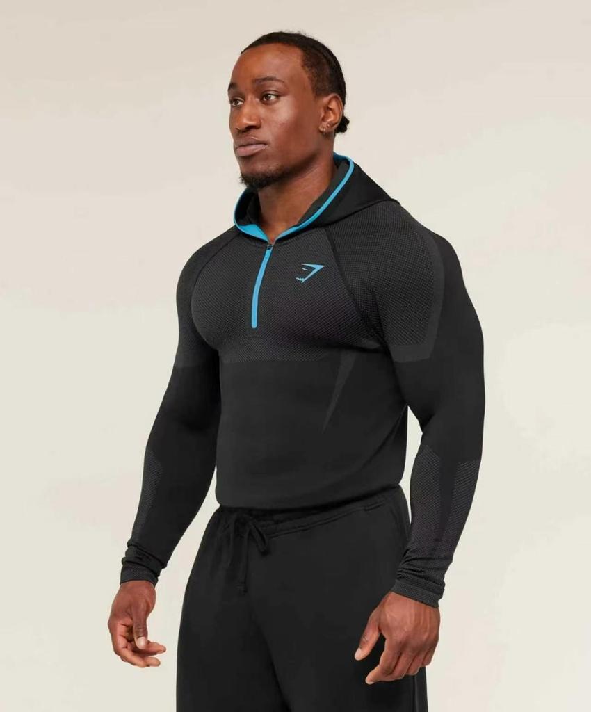 Мужская фитнес-футболка с длинным рукавом и капюшоном GYMSHARK Onyx с высокой эластичностью