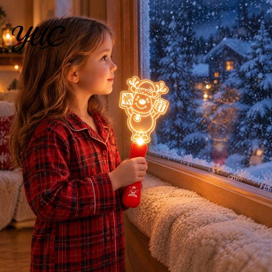 Santa Claus Projection Lamp Christmas Stage Light Toy for Kids, Musical Handheld Glow Stick with Stocking Stuffers Boys Girls Snowman Tree Reindeer