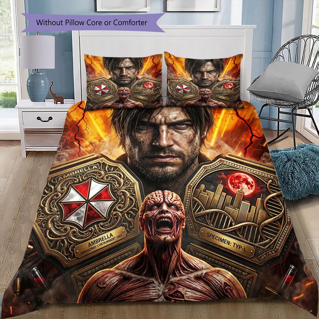 Resident Evil Pattern Bedding Quilt Set Quilt Cover Pillowcase Home Birthday Gift(1 * duvet cover + 2 * pillowcase, without core)