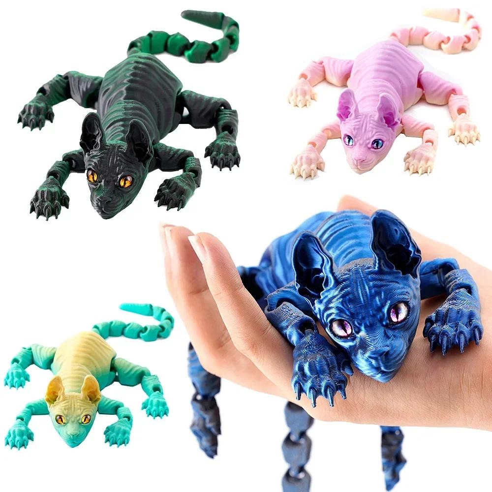 3D Printed Sphynx Cat Animals Toy Realistic Hairless Figurine Articulated Cat Fidget Toy for Cat Lovers Collector Home Decor