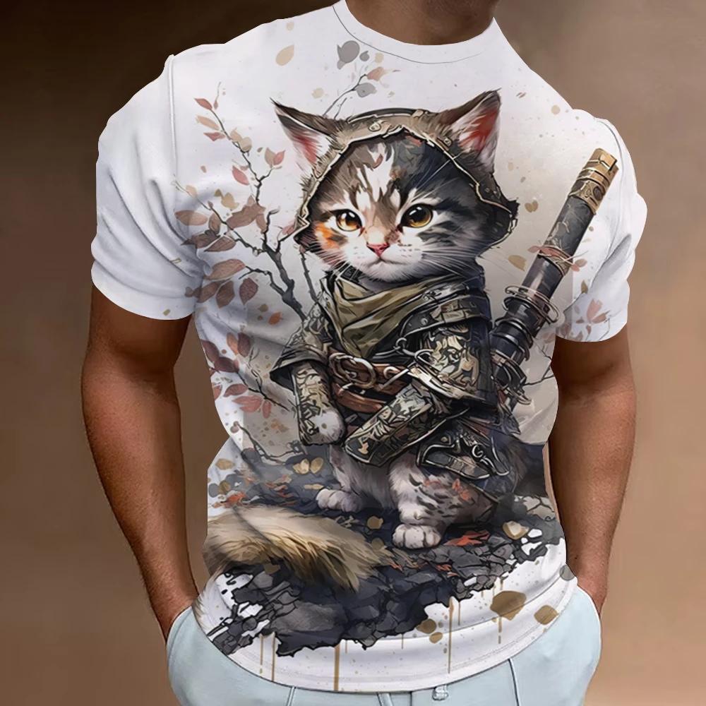 New Retro Men 2024 Fashion Oversized Men's Clothing Quick Drying T-shirt Top T-shirt 3d Samurai Cat Print Short Sleeve T-shirt