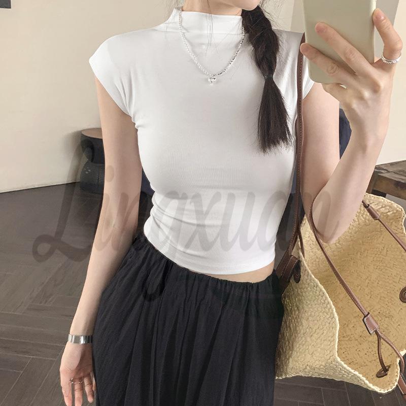 Женская облегающая футболка с открытой спиной: Летний, без рукавов, с полувысоким воротником, стиль 'hot girl'