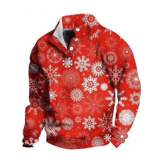 Men Christmas Top 3D Snowflake Printing Buttoned Stand Collar Plus Size Long Sleeves Mid Length Pullover Festive Holiday Sweatshirt