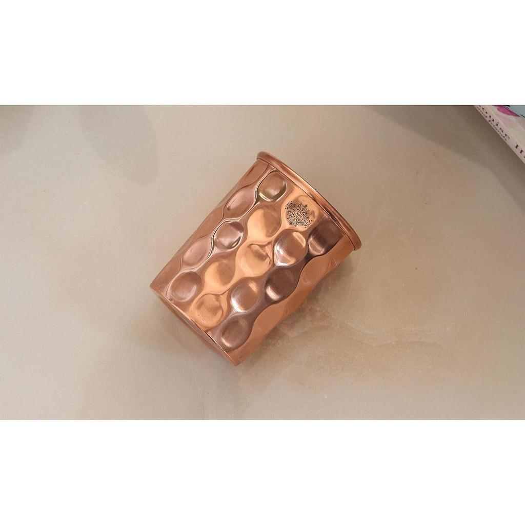 Pure Copper Plain Glass with Diamond Hammered Design, Drinking Serving Water, Yoga Ayurveda, Volume-300 ml, Pack of 2