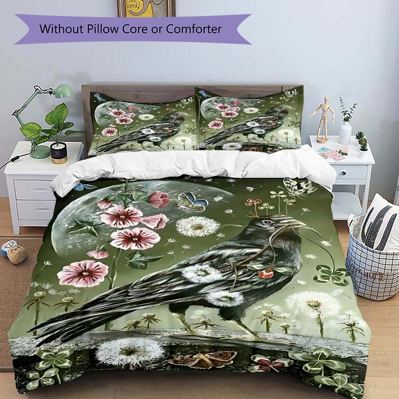 3pcs Anime Raven with Flowers and Butterflies Comforter Set - Includes One Quilt Cover and Two Pillowcases (No Core) - Home Decor, Festival Gift, Poly