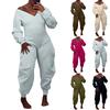 Women's Solid Color Jumpsuit Flared Pants Tight V-neck Sexy Long Sleeved Jumpsuit