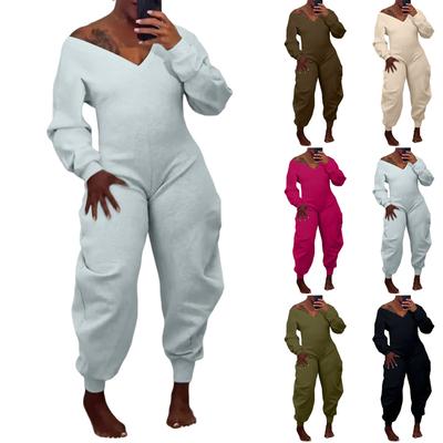 Женский однотонный комбинезон с расклешенными брюками, облегающий, с V-образным вырезом, сексуальный комбинезон с длинными рукавами