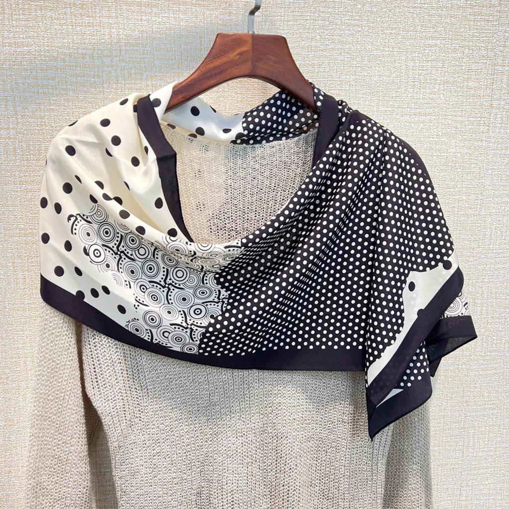 [Black Rice Polka Dots] Simple Mulberry Silk Double Crepe Strip Scarf Ribbon Scarf Silk Scarf Women