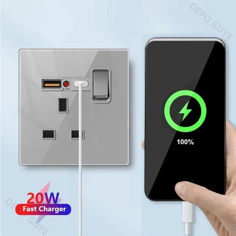 Universal Tempered Glass Dual 3 Pin Power outlet,UK 13A Wall Plug Socket with 20W Fast charge,Home Electrical 2way Light Switch