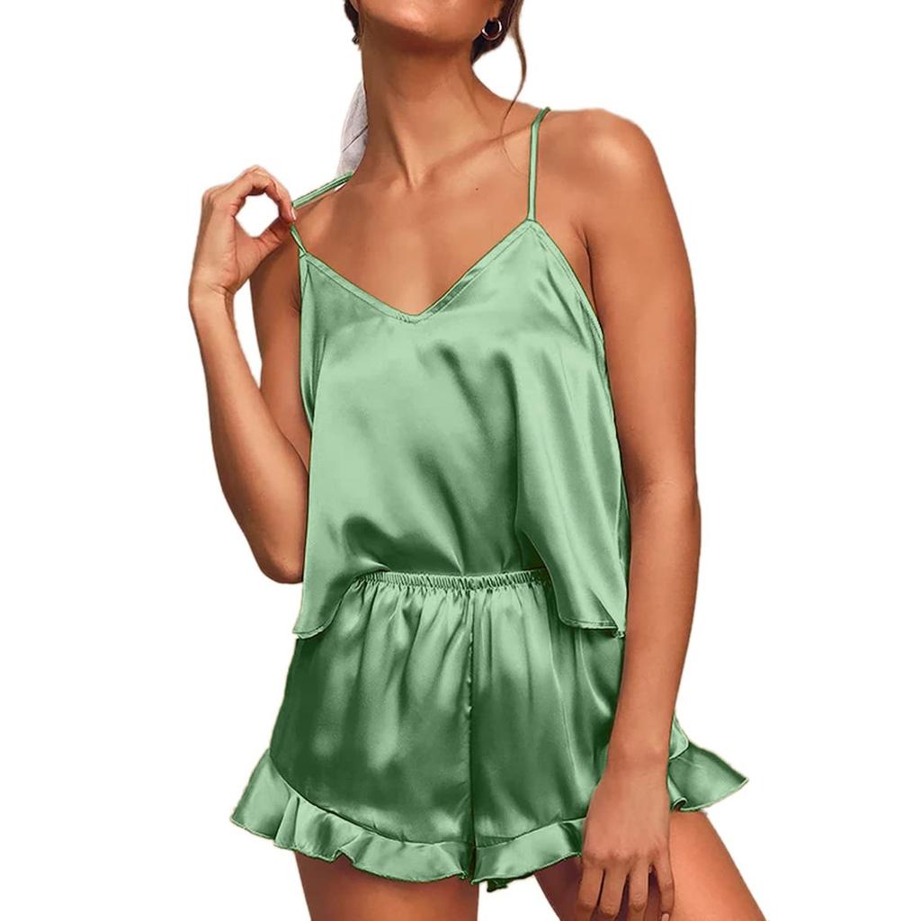 Женская мода, сексуальные однотонные атласные пижамы на подтяжках из двух частей, одежда для сна