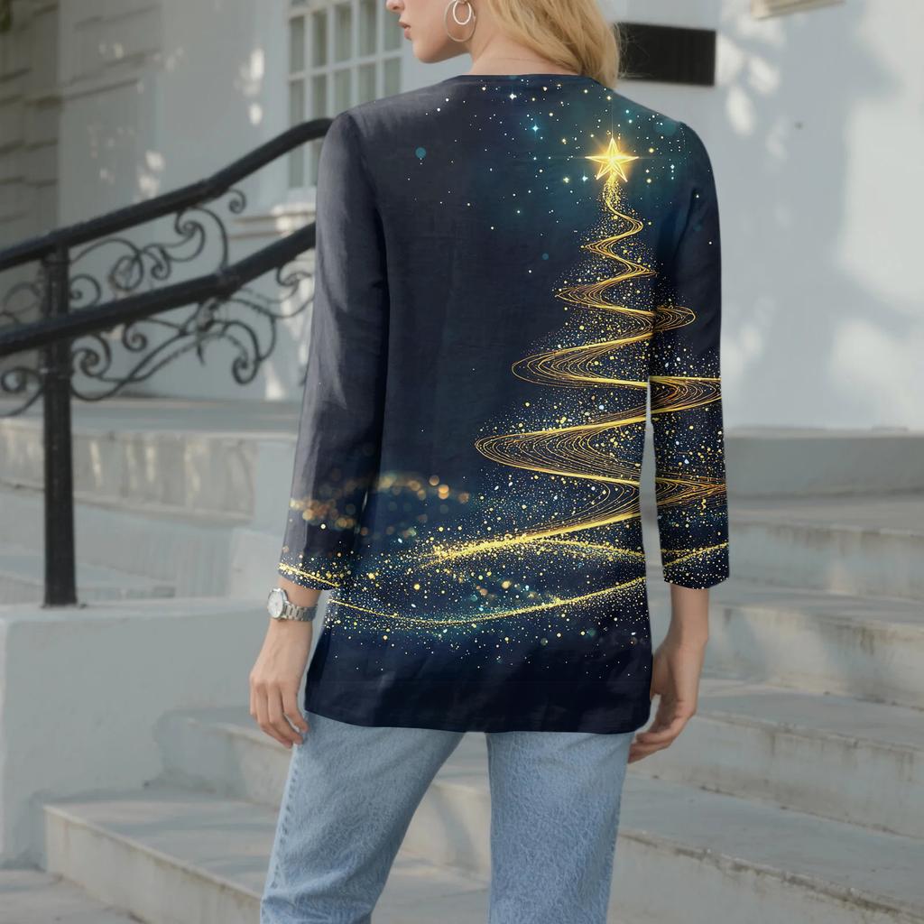 Women's Casual Fashion Sexy Comfortable Christmas Print V-Neck Button Three-quarter Sleeve Top