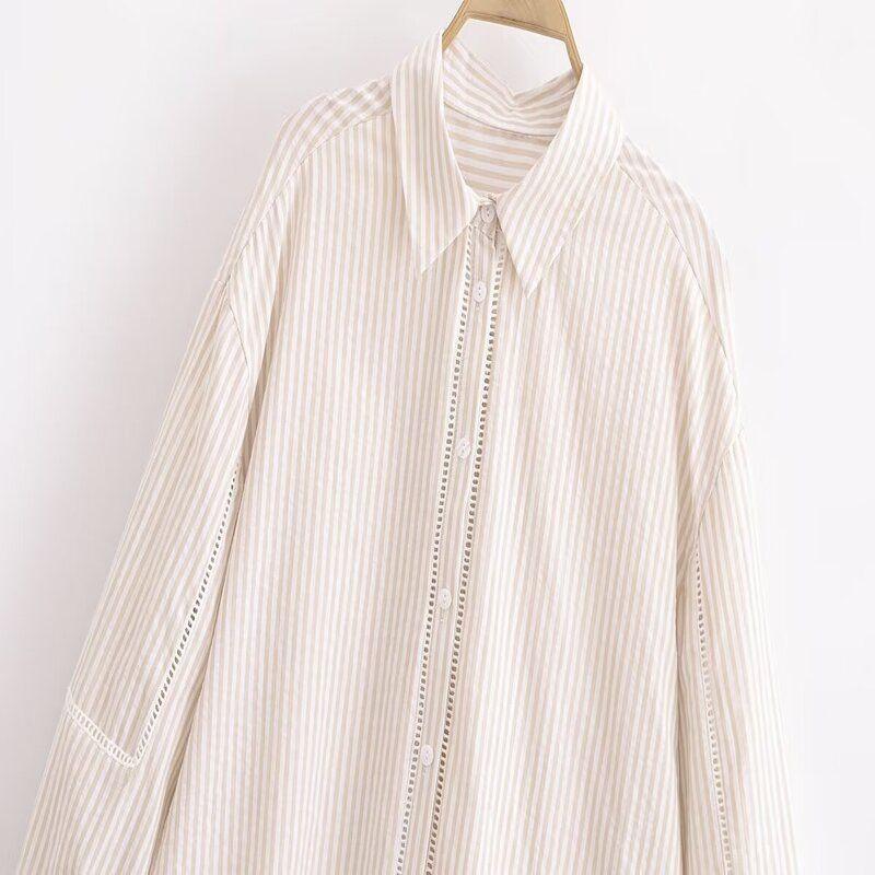 Fashion Style 2024 Summer New Arrival Women's Clothing All-Matching Graceful Vertical Lace Linen Blended Shirt 2556841