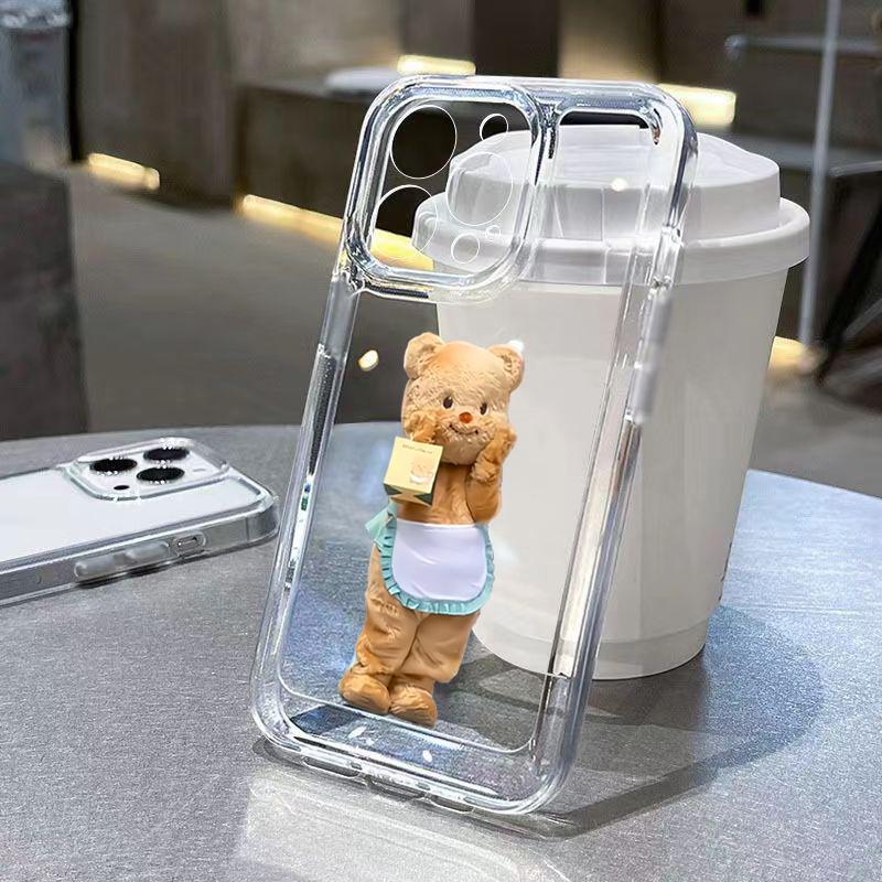 Cute Peeking Teddy Bear Clear Pattern Design Protective Cover for iPhone 17 16 15 14 13 12 11 16E Series Pro Max Plus
