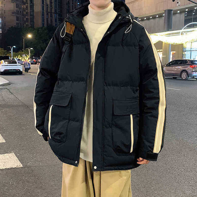 Мужская пуховая хлопковая куртка с боковыми полосками для осени и зимы, утолщенная рабочая одежда с большим карманом, хлопковая куртка