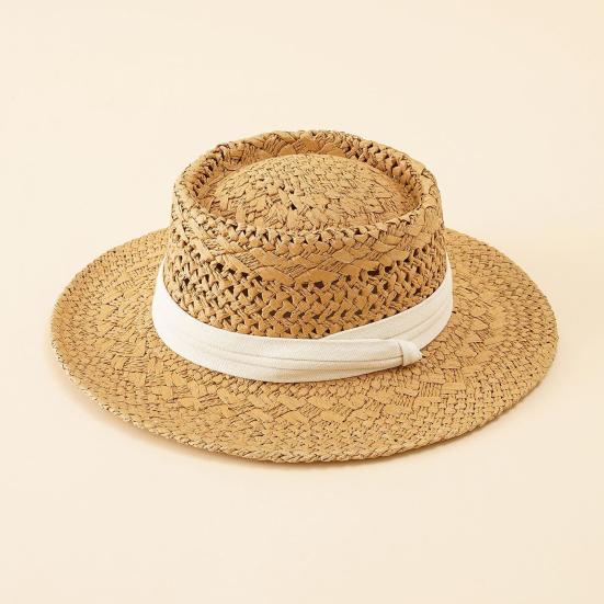 Женская летняя шляпа от солнца соломенная плетеная в стиле ретро в английском стиле с плоским верхом, сплошная цветная шляпа с широкими полями, защита от УФ-лучей, пляжная кепка для отпуска