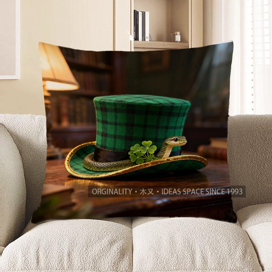 2D Irish Style Hat With Snake And Clovers Pillow Pattern Cushion Cover Suitable For Sofa Bedroom Car Pillow Cover