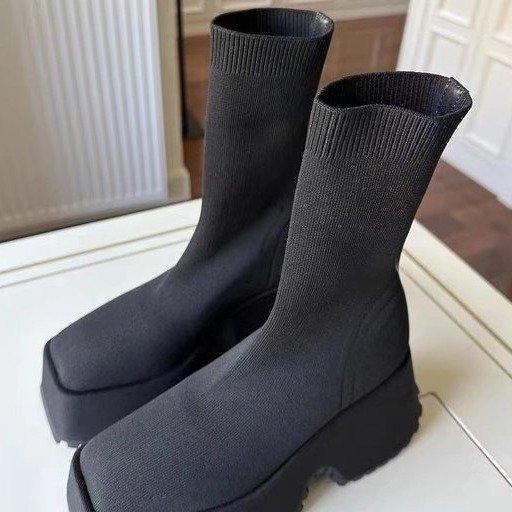 New European and American large-size fly-woven thick-soled boots women's square head high-heeled sleeve elastic muffin over-knee boots