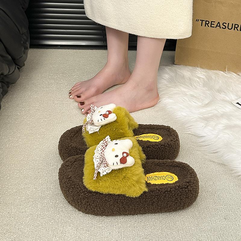 Флисовые теплые пушистые тапочки, однословные шлепанцы, модные мультяшные хлопковые тапочки Hello Kitty, женские, новые осень-зима 2025